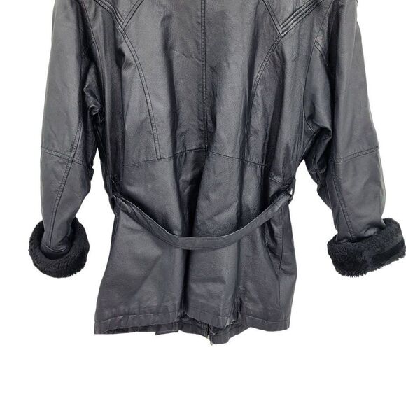 Vintage 80s Wilsons Leather Bomber Flight Jacket L Black Sherpa Trim Belted Zip - Picture 12 of 16